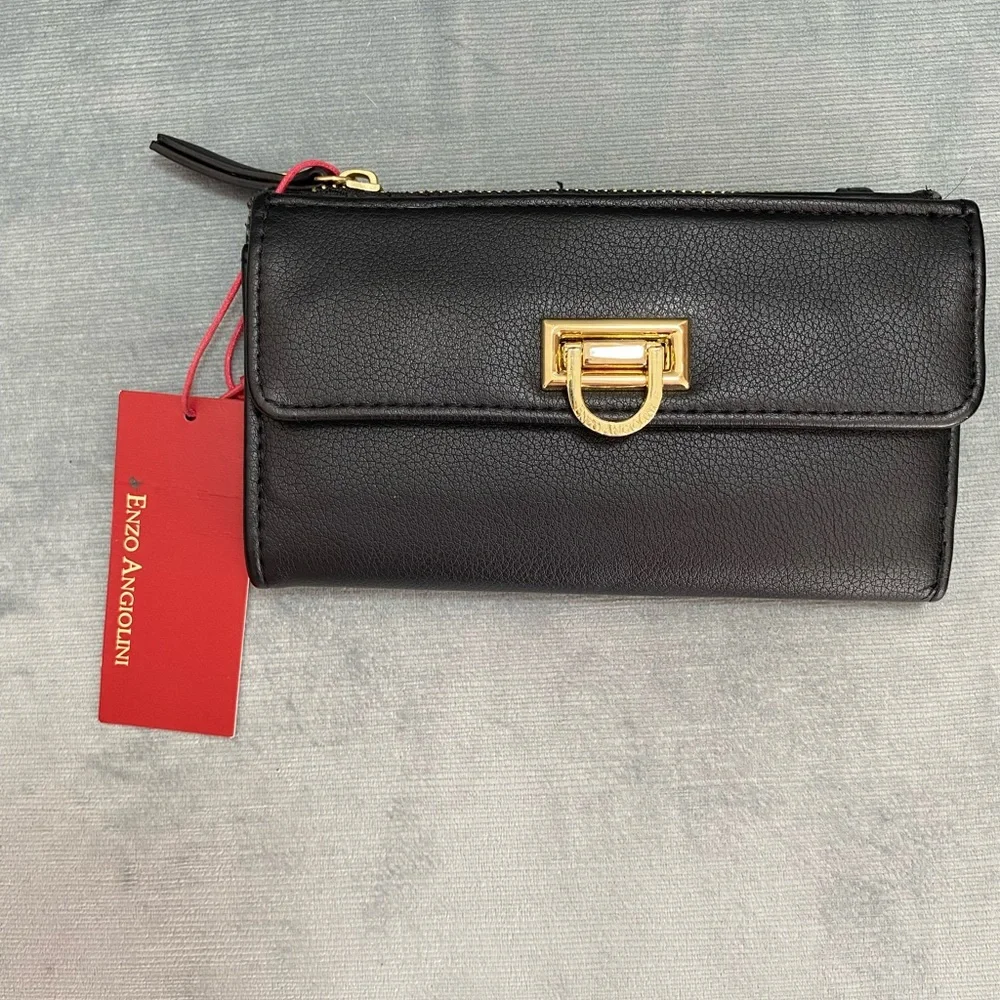 NWT Enzo Angiolini black snap bifold wallet/clutch with exterior zipper pocket